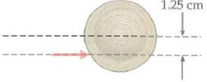 A billiard ball at rest is struck (bold arrow in Fig.) by a cue with an average force of 5.50 N lasting for 0.050 s. The cue contacts the ball's surface so that the lever arm is half the radius of the ball, as shown. If the cue ball has a mass of 200 g and a radius of 2.50 cm, determine the angular speed of the ball immediately after the blow. (Neglect friction.) FIGURE Cueing low See Exercise.