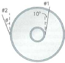 In a modern art exhibit, a multicolored empty industrial wire spool is suspended from two light wires as shown in Fig. The spool has a mass of 50.0 kg, with an outer diameter of 75.0 cm and an inner axle diameter of 18.0 cm. One wire (#1) is attached tangentially to the axle and makes a 10° angle with the vertical. The other wire (#2) is attached tangentially to the outer edge and makes an unknown angle with the vertical. Determine the tension in each wire and the angle .     FIGURE Modern art See Exercise.