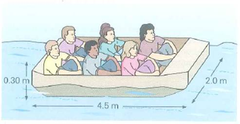 A rectangular boat, as illustrated in Fig., is overloaded such that the water level is just 1.0 cm below the top of the boat. What is the combined mass of the people and the boat      FIGURE An overloaded boat See Exercise.