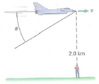 A supersonic jet flies directly overhead relative to an observer, at an altitude of 2.0 km (Fig.). When the observer hears the first sonic boom, the plane has flown a horizontal distance of 2.5 km at a constant speed. (a) What is the angle of the shock wave cone (b) At what Mach number is the plane flying (Assume that the speed of sound is at an average constant temperature of 15 °C.) FIGURE Faster than a speeding bullet See Exercise.