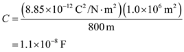 (a) A conductor that stores electric charge at low potentials is called as capacitor. A capacitor consists of two parallel plates with equal cross-sectional area that are separated by a distance. The capacitance of the capacitor is given as follows: Here, is the permittivity of free space, A is the cross-sectional area of the plates of the capacitor, and d is the plate separation. Substitute for , for A , 800 m for d. Therefore, the capacitance of the Earth cloud layer that serves as parallel plate capacitor is . (b) The maximum electric potential difference between the Earth and the cloud layer is given follows: Here, is the maximum electric field. The maximum charge that cloud can hold is, Substitute for C and for . Substitute for , for A , and for . Therefore, the maximum charge that cloud can hold is .