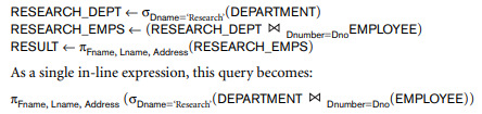 Query 1. Retrieve the name and address of all employees who work for the 'Research' department. Query 2. For every project located in 'Stafford', list the project number, the controlling department number, and the department manager's last name, address, and birth date Query 3. Find the names of employees who work on all the projects controlled by department number 5. Query 4. Make a list of project numbers for projects that involve an employee whose last name is 'Smith', either as a worker or as a manager of the department that controls the project. Query 5. List the names of all employees with two or more dependents. Strictly speaking, this query cannot be done in the basic (original) relational algebra. We have to use the AGGREGATE FUNCTION operation with the COUNT aggregate function. We assume that Query 6. Retrieve the names of employees who have no dependents. This is an example of the type of query that uses the MINUS (SET DIFFERENCE) operation. Query 7. List the names of managers who have at least one dependent Show the result of each of the sample queries as it would apply to the database state in Figure 3.6.