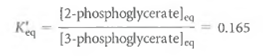 Calculating G°' and G'. Like Reaction 5-28, the conversion of 3-phosphoglycerate (3PG)to 2-phosphoglycerate (2PG)is an important cellular reaction because it is one of the steps in the glycolytic pathway: (1) If the enzyme that catalyzes this reaction is added to a solution of 3PG at 25°C and pH 7.0, the equilibrium ratio between the two species will be 0.165: (2) Experimental values for the actual steady-state concentrations of these compounds in human red blood cells are 61 M for 3PG and 4.3 M for 2PG. (a)Calculate G°'. Explain in your own words what this value means. (b)Calculate G'. Explain in your own words what this value means. Why are G' and G°' different (c)If conditions in the cell change such that the concentration of 3PG remains fixed at 61 M but the concentration of 2PG begins to rise, how high can the 2PG concentration get before Reaction 5-29 will cease because it is no longer thermodynamically feasible