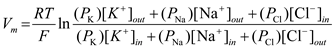 The Goldman equation was devised to determine the effects of ions on the membrane potential collectively. When a neuron is at rest, the membrane is selectively permeable to potassium and it naturally leaks out of the membrane. The movement of potassium makes the membrane potential more negative. Although the permeability is lower, the nerve cell is also permeable to sodium and chloride . Unlike the Nernst equation which only considers one ion at a time, the Goldman equation acknowledges that more than one type of ion moves across the membrane. Other ions have an insignificant amount of permeability. Therefore, only potassium , sodium and chloride appear in the Goldman equation. In order to suggest a more general formulation for the Goldman equation, consider the full version of the equation. The variable is the resting potential and is the relative permeability of the specified ion. Before additional monovalent ions can be added to the equation, determine whether the ions have a positive valence, like potassium and sodium , or negative valence, like chloride . If the valence is negative, the ion concentration inside will be the numerator and the concentration outside will be the denominator. Therefore, a general formulation for the Goldman equation that would be applicable to membranes permeable to any negative ion as well as potassium , sodium , and chloride would be: The ion concentrations of sodium in a mammalian neuron is and , for potassium is , and for chloride is and . Under general circumstances, the relative permeability of sodium ions is 45% of chloride ions and 4% of potassium ions. So, the ratio of . So, if the relative permeability for sodium ions were 0.01, then the ratio of . The at relative permeability for sodium ions were 0.01 is as follows: Likewise, if relative permeability for sodium ions were 1.0, then the ratio of . So, the at relative permeability 0.01 and 1.0 is . In general, the resting membrane potential is . So, the difference between . Therefore, the change is In the given case, graph would not be liner, so the answer is no because is proportional to the logarithm of the expression that contains the term for sodium permeability.