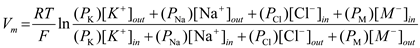 The Goldman equation was devised to determine the effects of ions on the membrane potential collectively. When a neuron is at rest, the membrane is selectively permeable to potassium and it naturally leaks out of the membrane. The movement of potassium makes the membrane potential more negative. Although the permeability is lower, the nerve cell is also permeable to sodium and chloride . Unlike the Nernst equation which only considers one ion at a time, the Goldman equation acknowledges that more than one type of ion moves across the membrane. Other ions have an insignificant amount of permeability. Therefore, only potassium , sodium and chloride appear in the Goldman equation. In order to suggest a more general formulation for the Goldman equation, consider the full version of the equation. The variable is the resting potential and is the relative permeability of the specified ion. Before additional monovalent ions can be added to the equation, determine whether the ions have a positive valence, like potassium and sodium , or negative valence, like chloride . If the valence is negative, the ion concentration inside will be the numerator and the concentration outside will be the denominator. Therefore, a general formulation for the Goldman equation that would be applicable to membranes permeable to any negative ion as well as potassium , sodium , and chloride would be: The ion concentrations of sodium in a mammalian neuron is and , for potassium is , and for chloride is and . Under general circumstances, the relative permeability of sodium ions is 45% of chloride ions and 4% of potassium ions. So, the ratio of . So, if the relative permeability for sodium ions were 0.01, then the ratio of . The at relative permeability for sodium ions were 0.01 is as follows: Likewise, if relative permeability for sodium ions were 1.0, then the ratio of . So, the at relative permeability 0.01 and 1.0 is . In general, the resting membrane potential is . So, the difference between . Therefore, the change is In the given case, graph would not be liner, so the answer is no because is proportional to the logarithm of the expression that contains the term for sodium permeability.