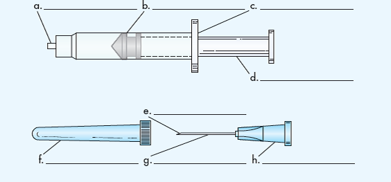 Answer the following questions in the spaces provided. Identify the parts of a syringe and needle on the drawings below.
