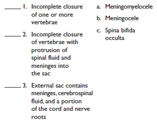 Match each of the following definitions with its correct term: Spinal cord defects