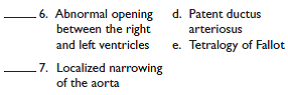 Match each of the following definitions with its correct term: Congenital defects of the heart