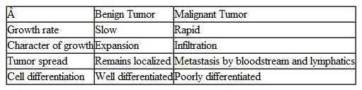 What are the major differences between a benign and a malignant tumor (see Table 1)? Table 1