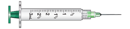 Using the accompanying illustrations of equipment for the remaining questions, mark with a line or shading where you would measure the required dose 2.4 mL  