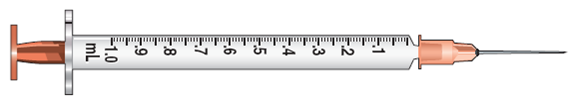 Using the accompanying illustrations of equipment for the remaining questions, mark with a line or shading where you would measure the required dose 0.38 mL