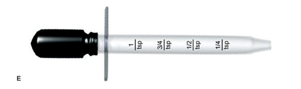 In Exercises 25, use the accompanying illustrations of equipment. For each question, mark with a line or with shading where you would measure the required dose:   tsp (Refer to dropper E.)  