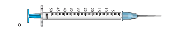In Exercises 35, use the accompanying illustrations of equipment. For each question, mark with a line or with shading where you would measure the required dose: 35 units (Refer to syringe O.)  