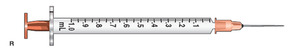 In Exercises 38, use the accompanying illustrations of equipment. For each question, mark with a line or with shading where you would measure the required dose: 0.25 mL (Refer to syringe R.)