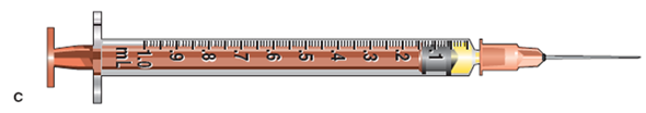 In Exercises 16, identify the type of syringe and the volume of the dosage it contains. Identify the correct units of measurement. Example: Refer to the sample syringe below: Type: tuberculin Volume: 0.3 mL    Refer to syringe C: Type: _______________________ Volume: _______________________  
