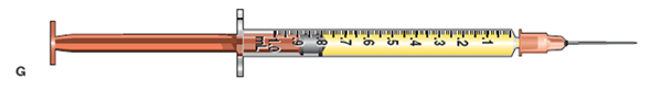 In Exercises 20, identify the type of syringe and the volume of the dosage it contains. Identify the correct units of measurement. Example: Refer to the sample syringe below: Type: tuberculin Volume: 0.3 mL Refer to syringe G: Type: _______________________ Volume: _______________________