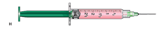 In Exercises 21, identify the type of syringe and the volume of the dosage it contains. Identify the correct units of measurement. Example: Refer to the sample syringe below: Type: tuberculin Volume: 0.3 mL Refer to syringe H: Type: _______________________ Volume: _______________________