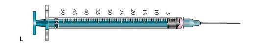 In Exercises 25, identify the type of syringe and the volume of the dosage it contains. Identify the correct units of measurement. Example: Refer to the sample syringe below: Type: tuberculin Volume: 0.3 mL Refer to syringe L: Type: _______________________ Volume: _______________________