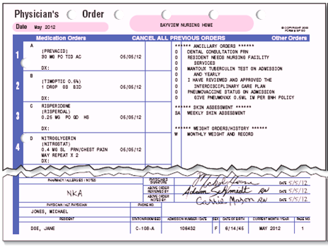 In Exercises 25, refer to Physician's Order Form 1. Physician's Order Form 1 If medications are delivered once a week to this facility, how many doses of Risperdal should be dispensed?