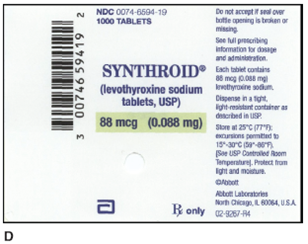 In Exercises 11, convert the dosage ordered to the same unit as that of the dose on hand or measuring device. Use conversion tables from Chapter 3 as needed. Ordered: Synthroid 0.088 mg Desired dose: _____ On hand: Refer to label D.