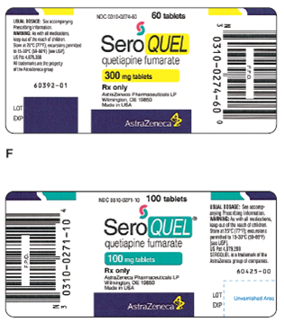 In Exercises 15, calculate the amount to administer. Unless otherwise noted, all scored tablets are scoredin half. Ordered: SeroQuel 150 mg PO bid On hand: Refer to labels F. Tablets are scored. Determine dosage strength to use. Administer: _____ Dosage strength: _____