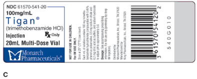 For Exercises 11, find the amount to administer, and then determine the proper syringe and write it in the space provided. Ordered: Tigan 200 mg IM TID On hand: Refer to label C. Administer: __________nge: __________