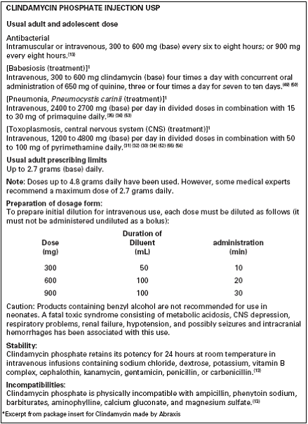 The physician has ordered an adult patient with pneumonia to have clindamycin 500 mg IV q8h. On hand: See clindamycin label and package insert (Figure 10-22) Figure 10-22 Clindamycin label and package insert. What fluid should not be used as a diluent for children?