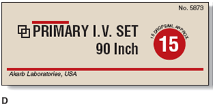 In Exercises 20, calculate the flow rate for manually regulated IVs. Ordered: 100 mL gentamicin over 30 min, refer to label D. Figure 10-16 When calculating the gtt/min of an IV, always check the package to determine the calibration of the IV tubing you will be using.