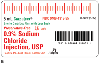 For Exercises 2, refer to labels A and B. Figure 10-19 Heparin and saline lock flush. Which would be used to flush a heparin lock?