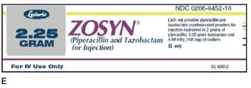 You are preparing medication for two patients. Patient A has nosocomial pneumonia and a Creatinine Clearance of 37 mL/min. He has been ordered Zosyn 4.5 gram q6h IV. Patient B has pelvic inflammatory disease and a normal creatinine clearance. She has been ordered 3.375 gram IV q6h. You have the following Zosyn medication vials (see labels E, F, and G.) and package insert information. According to the package insert, you further dilute each medication with 150 mL of sterile water for injection. What would the IV flow rate be in mL per hour for administration of the medication to Patient A and B?