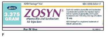 You are preparing medication for two patients. Patient A has nosocomial pneumonia and a Creatinine Clearance of 37 mL/min. He has been ordered Zosyn 4.5 gram q6h IV. Patient B has pelvic inflammatory disease and a normal creatinine clearance. She has been ordered 3.375 gram IV q6h. You have the following Zosyn medication vials (see labels E, F, and G.) and package insert information. According to the package insert, you further dilute each medication with 150 mL of sterile water for injection. What would the IV flow rate be in mL per hour for administration of the medication to Patient A and B?