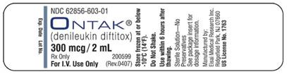 Use the identified drug labels and package inserts to answer the following questions: Refer to Label C and Ontak package insert information. If your patient weighs 50 kg, what is the recommended maximum dose? Ontak package insert information IV (adults): 9-18 mcg/kg/day over 30 minutes. For each 1 mL of ONTAK from the vial, no more than 9 mL of sterile saline without preservative should then be added to the IV bag. Label C