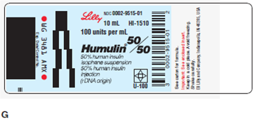 In Exercises 9, refer to labels A-G. Select the label corresponding to each order. Then mark the desired amount of insulin on the syringe.          Ordered: Humulin N 44 units Sub-Q ac dinner Select vial: _____  