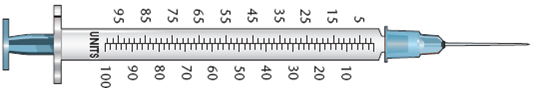 In Exercises 11, refer to labels A-G. Select the label corresponding to each order. Then mark the desired amount of insulin on the syringe.          Ordered: Novolin N 64 units Sub-Q qd Select vial: _____  