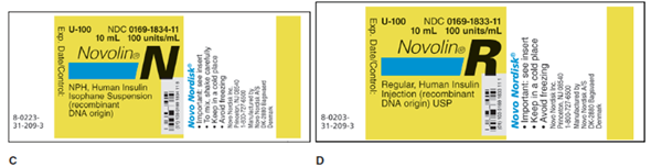 In Exercises 12, refer to labels A-G. Select the label corresponding to each order. Then mark the desired amount of insulin on the syringe.          Ordered: Humulin 50/50 injection 36 units Sub-Q ac dinner Select vial: _____  