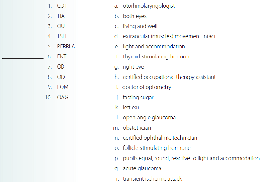 Match the following abbreviations with their definition.