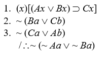 Proving invalidity Prove that the following arguments are invalid by either the interpretation method or by the expansion method: - <div style=padding-top: 35px> 