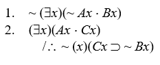 Proving invalidity Prove that the following arguments are invalid by either the interpretation method or by the expansion method: - <div style=padding-top: 35px> 