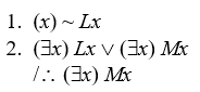 Use the truth-tree method to determine the validity/invalidity of the following arguments. If invalid, use the constants in an open path to expand the premises and conclusion and assign truth-values to show the invalidity. -