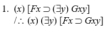 Use the truth-tree method to determine the validity/invalidity of the following arguments. If invalid, use the constants in an open path to expand the premises and conclusion and assign truth-values to show the invalidity. -