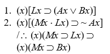 Use the truth-tree method to determine the validity/invalidity of the following arguments. If invalid, use the constants in an open path to expand the premises and conclusion and assign truth-values to show the invalidity. -