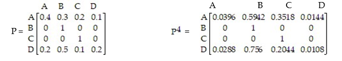 <strong>Given the transition matrix: Find the probability of going from state A to state D in four trials.</strong> A) 0.0396 B) 0.0144 C) 0 D) 0.3518