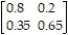 <strong>Find the stationary matrix for the transition matrix P =   .</strong> A)   B) [0.6 0.4] C)   D) [0.636 0.364] <div style=padding-top: 35px> 