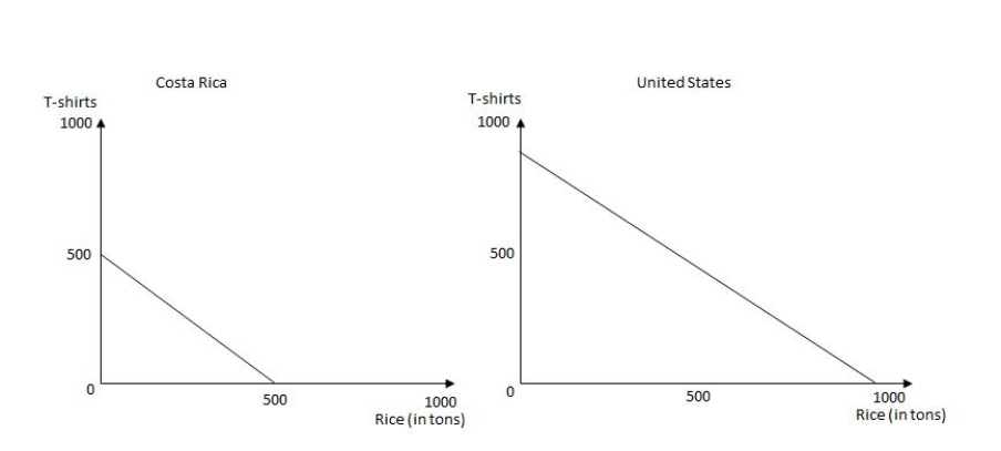 Exhibit 2.1 -Refer to Exhibit 2.1 which shows the production for rice and T-shirts for two countries: Costa Rica and the United States. In the United States, the opportunity cost of 1 ton of rice is: For answer to be correct, for the United States, on the vertical axis, maximum T-shirt production should touch 1000 units.