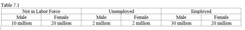 <strong>Table 7.1 Consider an economy with an adult population of 100, 50 of whom hold jobs, 10 of whom are looking for work, and 15 of whom are retired. The labor force participation rate is _____.</strong> A) 100 percent B) 60 percent C) 50 percent D) 40 percent E) 10 percent