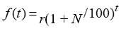 Is the formula for a function representing a quantity which begins at N in year t = 0 and grows at a constant annual rate of r% given by ?