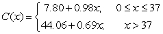 <strong>ComGas, the Cambridge power company, charges its customers $7.77 a month, plus an additional $0.99 per therm up to 37 therms and $0.69 per therm above 37 therms. (A therm is a unit of gas supplied.) Let Be the monthly cost in dollars for using x therms. Which of the following is the formula for C?</strong> A) B) C) D)