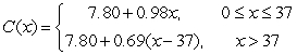 <strong>ComGas, the Cambridge power company, charges its customers $7.77 a month, plus an additional $0.99 per therm up to 37 therms and $0.69 per therm above 37 therms. (A therm is a unit of gas supplied.) Let Be the monthly cost in dollars for using x therms. Which of the following is the formula for C?</strong> A) B) C) D)