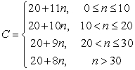 <strong>A T-shirt printing company charges a set-up fee of $10 for each order, plus the cost per shirt shown in the table. Let C be the total cost in dollars for printing n shirts. Which of the following is the formula for C?</strong> A) B) C) D)
