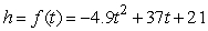 A model rocket is launched from the roof of a building. For height h, in meters, and time t, in seconds, after the rocket is launched, the height of the rocket above the ground is given by . The domain of this function is approximately Round to the nearest whole number.